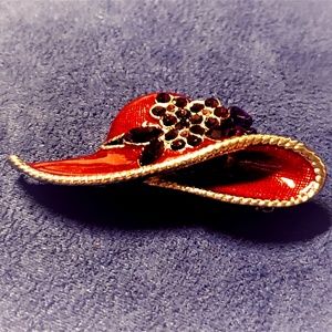 Red Enamel Ladies Hat Brooch with Purple Crystals